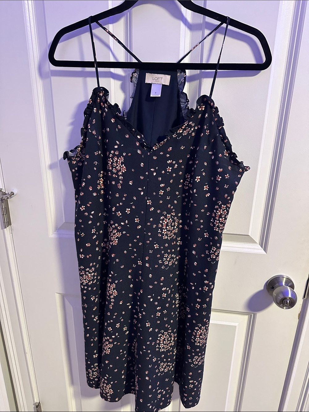 LOFT Navy Floral Ruffled Strap Dress